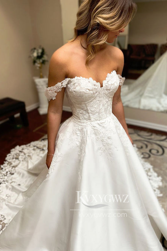 Graceful A Line Off the Shoulder Satin Wedding Dresses Gown with Appliques HS691