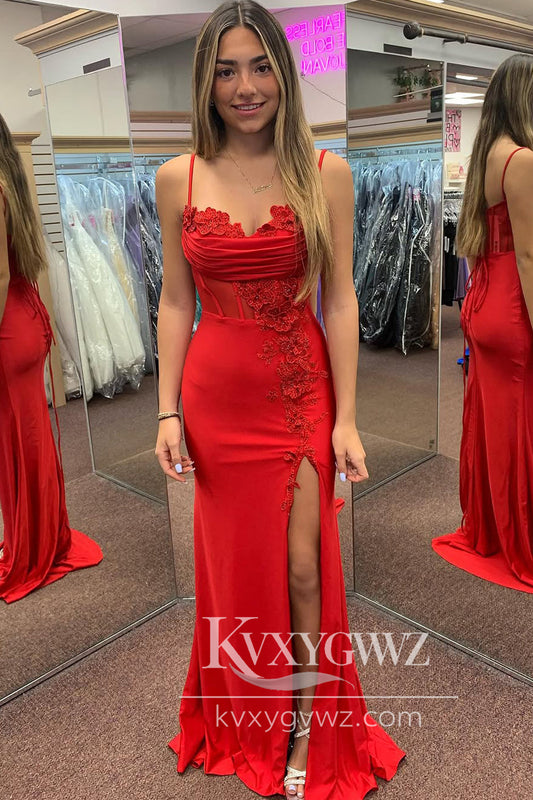 Charming Mermaid Evening Gown Sweetheart Red Satin Slit Prom Dress with Appliques LF692