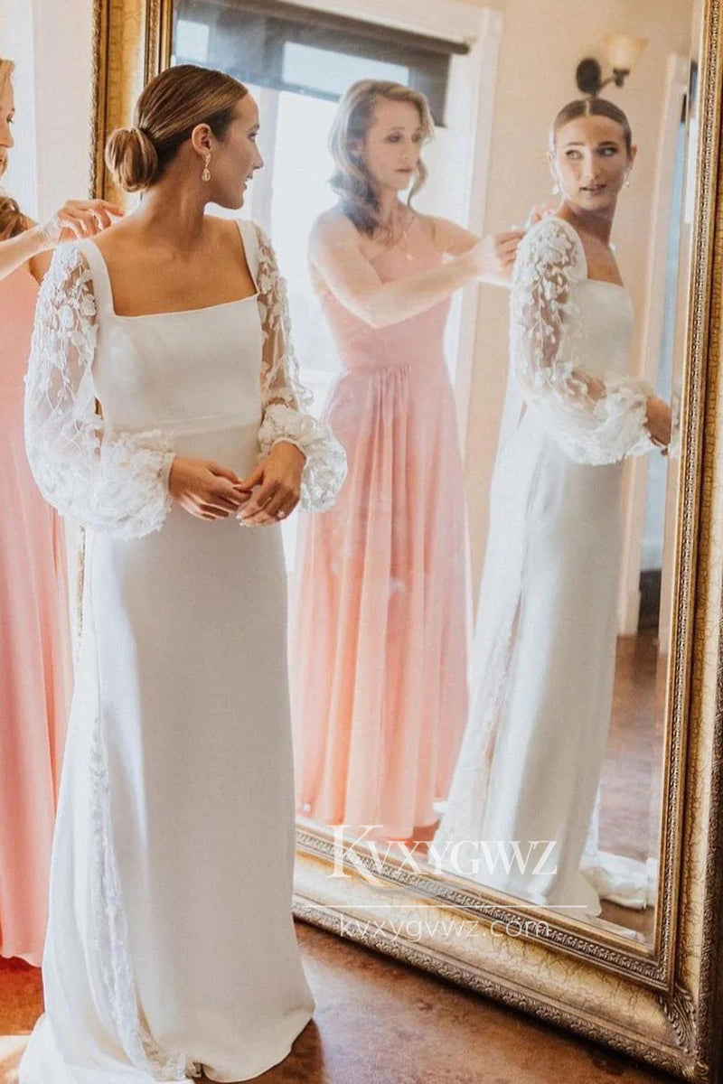 Graceful Mermaid Square Neck Elastic Satin Wedding Dresses Gown with Ruffled Sleeves HS693