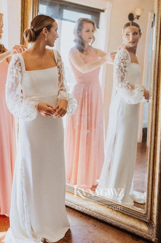 Graceful Mermaid Square Neck Elastic Satin Wedding Dresses Gown with Ruffled Sleeves HS693