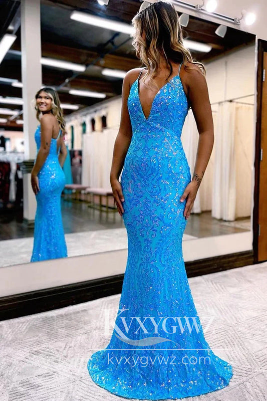 Charming Mermaid V Neck Evening Gown Blue Sequins Long Prom Dress LF693