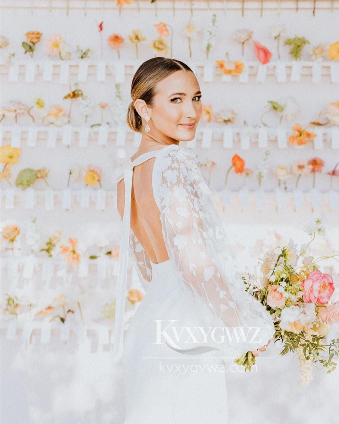 Graceful Mermaid Square Neck Elastic Satin Wedding Dresses Gown with Ruffled Sleeves HS693
