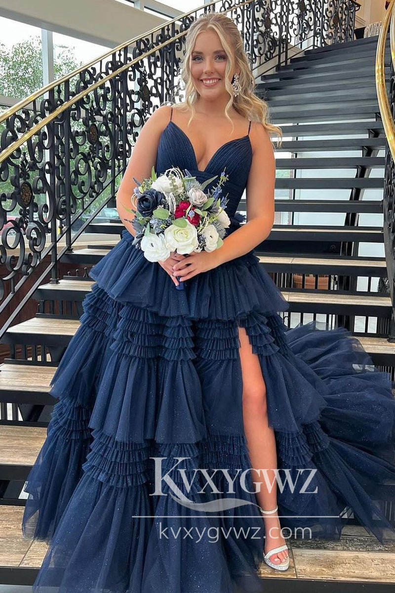 Stunning A Line Navy Blue Tiered Evening Gown Tulle Long Prom Dress with Slit LF694