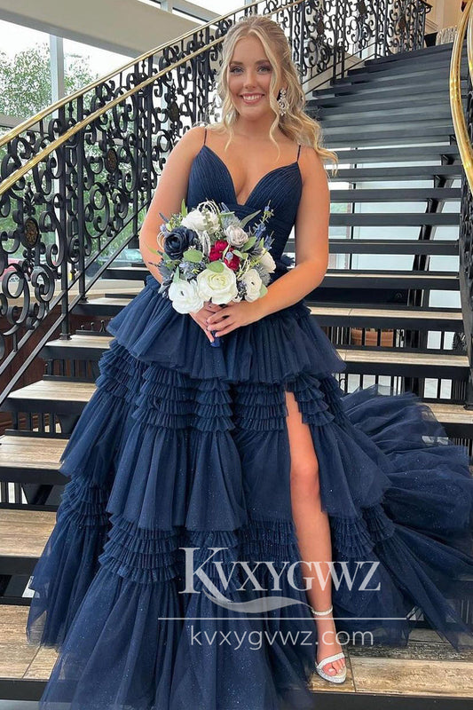 Stunning A Line Navy Blue Tiered Evening Gown Tulle Long Prom Dress with Slit LF694