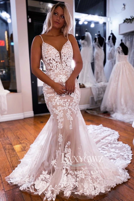Graceful Mermaid V Neck Champagne Lace Wedding Dresses Gown with Appliques HS694