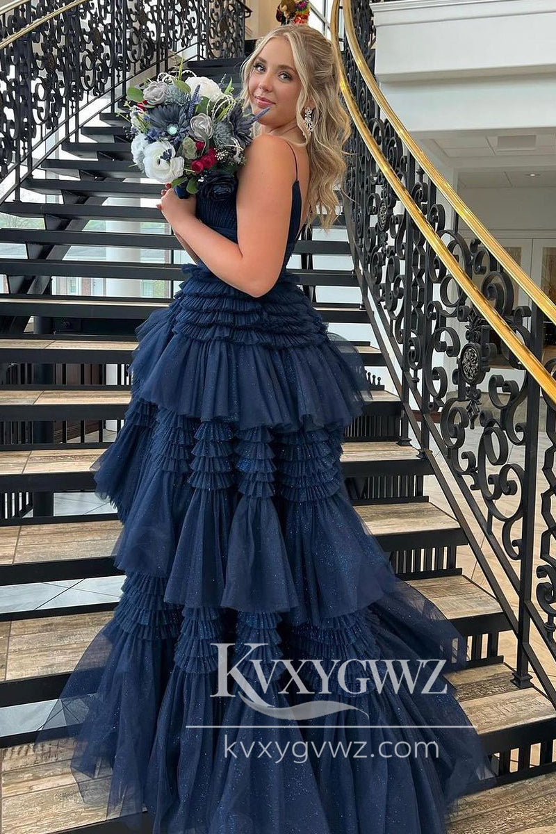 Stunning A Line Navy Blue Tiered Evening Gown Tulle Long Prom Dress with Slit LF694