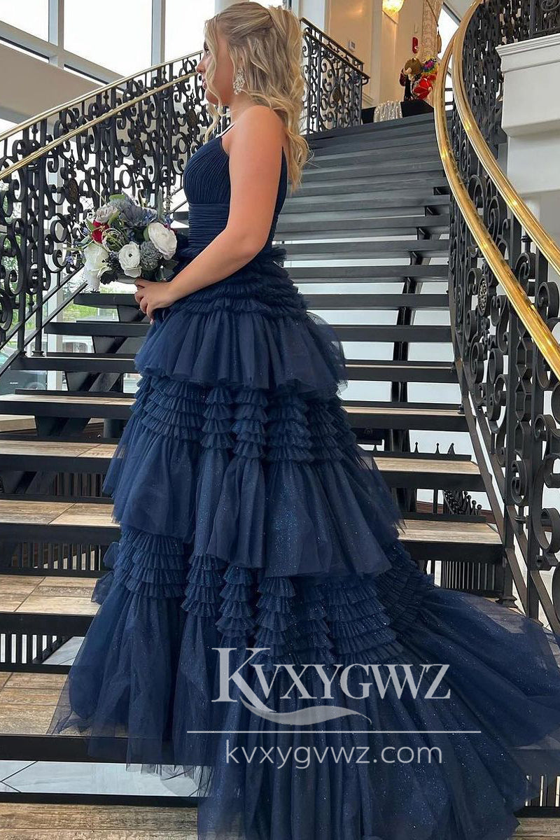 Stunning A Line Navy Blue Tiered Evening Gown Tulle Long Prom Dress with Slit LF694