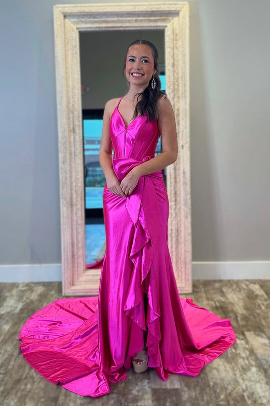 Mermaid V Neck Pink Satin Long Prom Dress Gown with Ruffle Slit LF1328