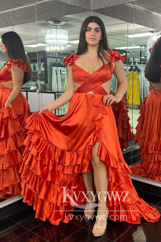 Coral Cutout Ruffle Evening Gown A-Line Long Prom Dress with Slit LF695