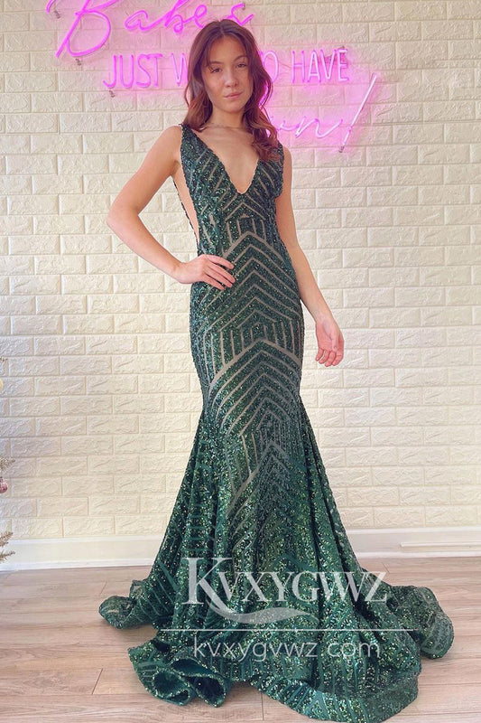 Charming Mermaid V Neck Evening Gown Dark Green Long Prom Dress LF696