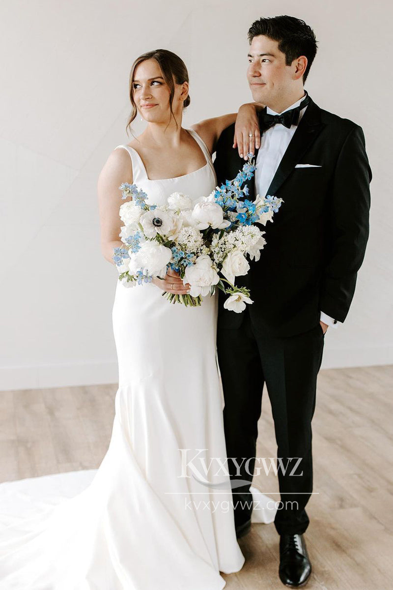 Graceful Mermaid Square Neck White Satin Wedding Dresses Gown HS696