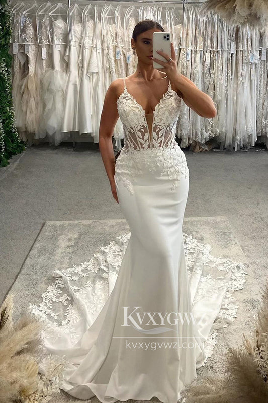 Graceful Mermaid Spaghetti Strap V Neck Elastic Satin Long Wedding Dresses Gown with Appliques HS697