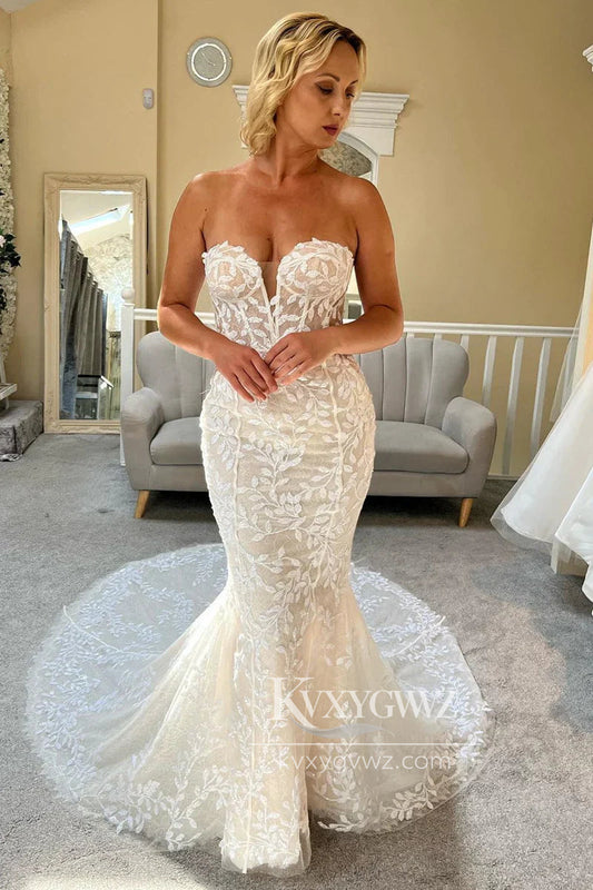 Graceful Mermaid Sweetheart Lace Wedding Dresses Gown With Sweep Train HS698
