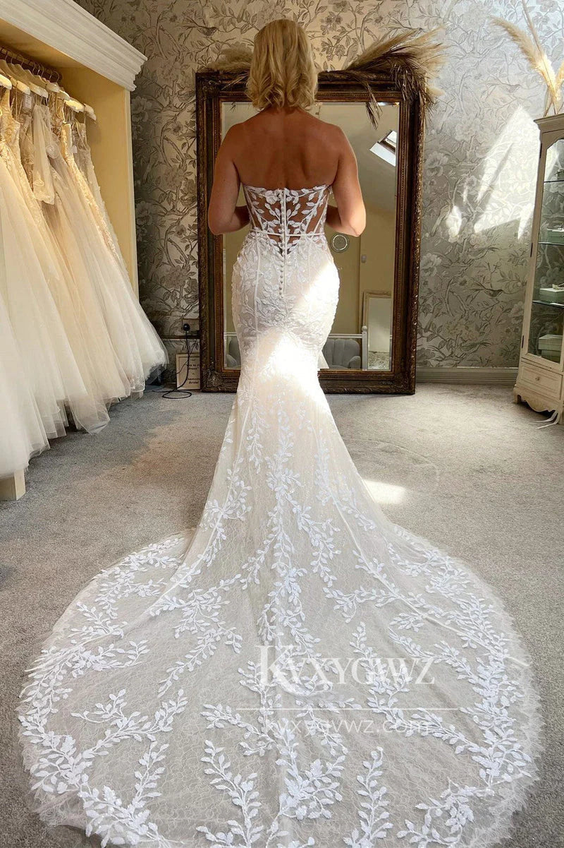 Graceful Mermaid Sweetheart Lace Wedding Dresses Gown With Sweep Train HS698