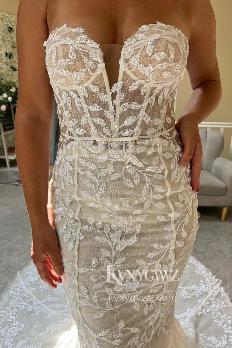 Graceful Mermaid Sweetheart Lace Wedding Dresses Gown With Sweep Train HS698
