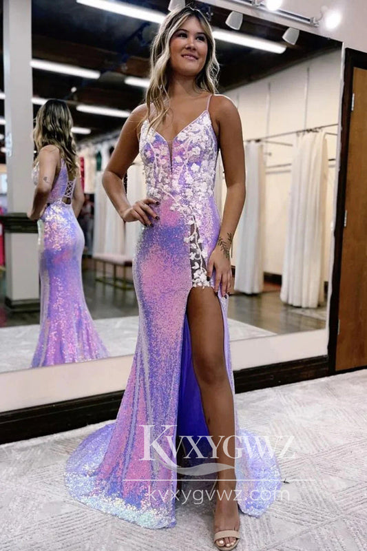 Charming Mermaid Evening Gown V Neck Lavender Sequins Long Prom Dress with Appliques LF699