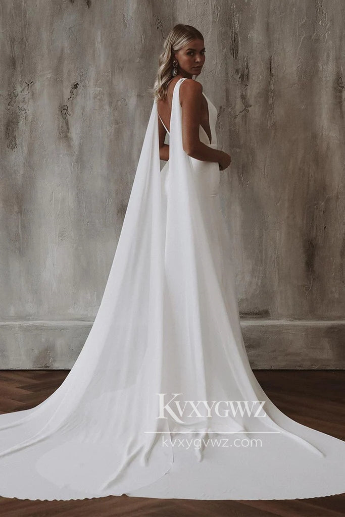 Graceful Mermaid V Neck Elastic Satin Long Wedding Dresses Gown With Sweep Train HS699