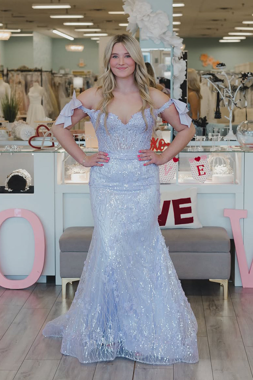 Mermaid Off the Shoulder Lilac Sequins Long Prom Dress Gown LF1411