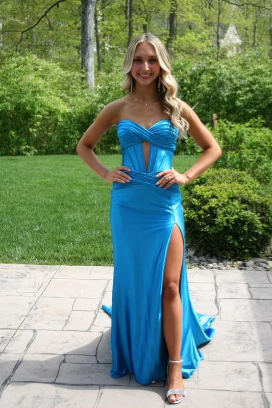 Mermaid Sweetheart Keyhole Blue Slit Prom Dress Gown LF1209