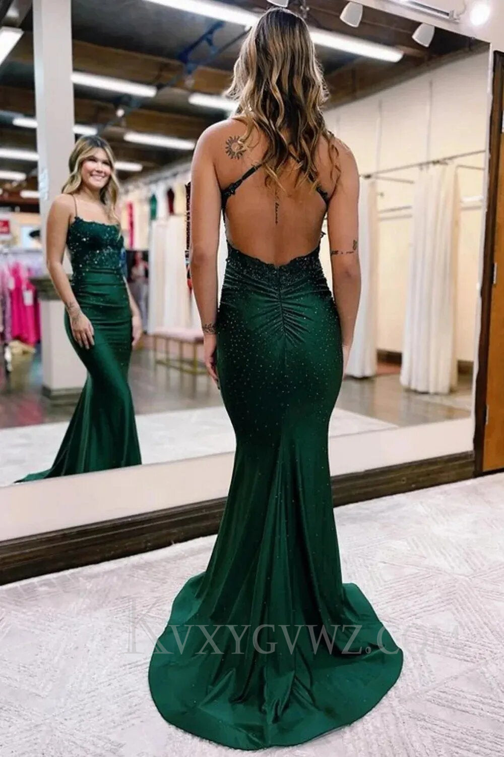 Sparkly Dark Green Beaded Evening Gown Long Mermaid Prom Dress with Appliques LF006