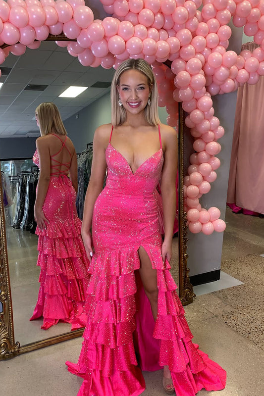 Mermaid V Neck Fuchsia Ruffle Tiered Long Prom Dress Gown with Slit LF1220