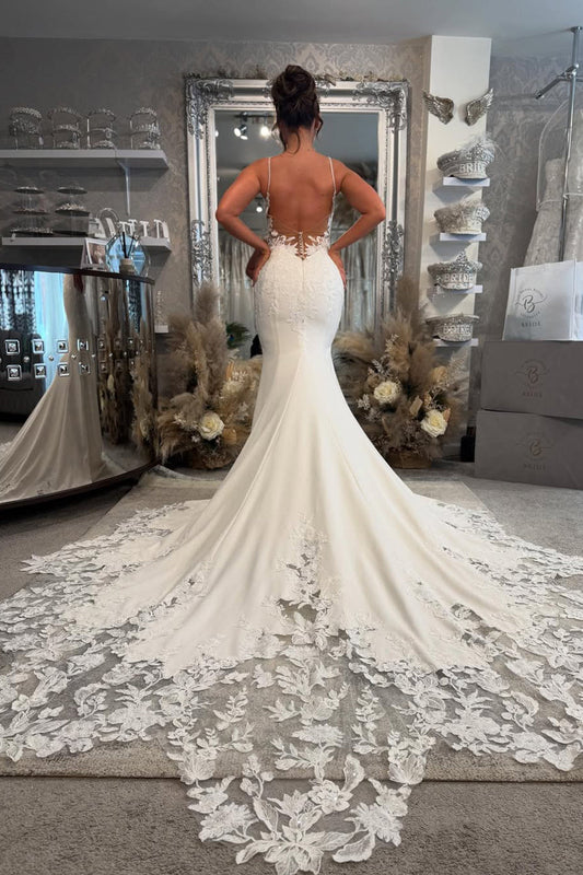 Bohemian Mermaid V Neck Satin Long Wedding Dresses Gown with Appliques HS806