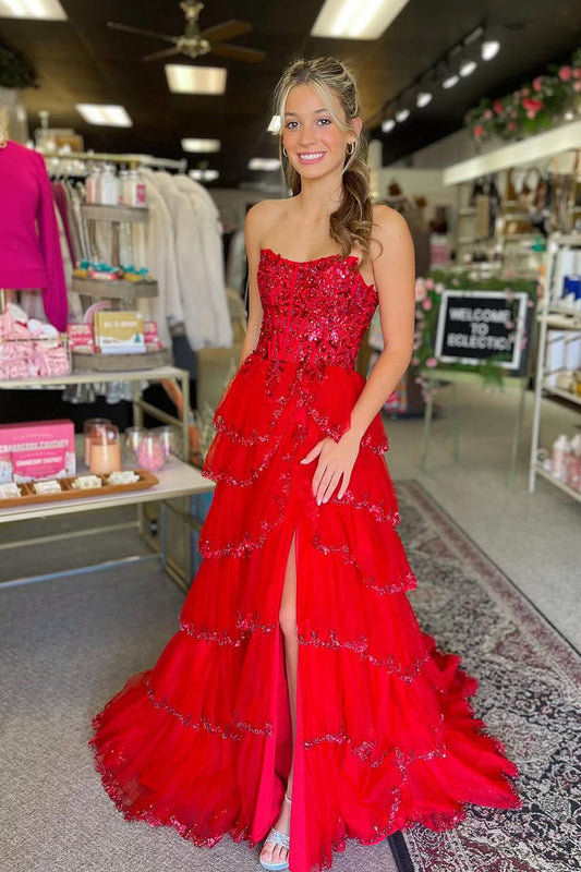 Stunging A Line Strapless Red Tulle Tiered Prom Dress Gown with Appliques LF1304
