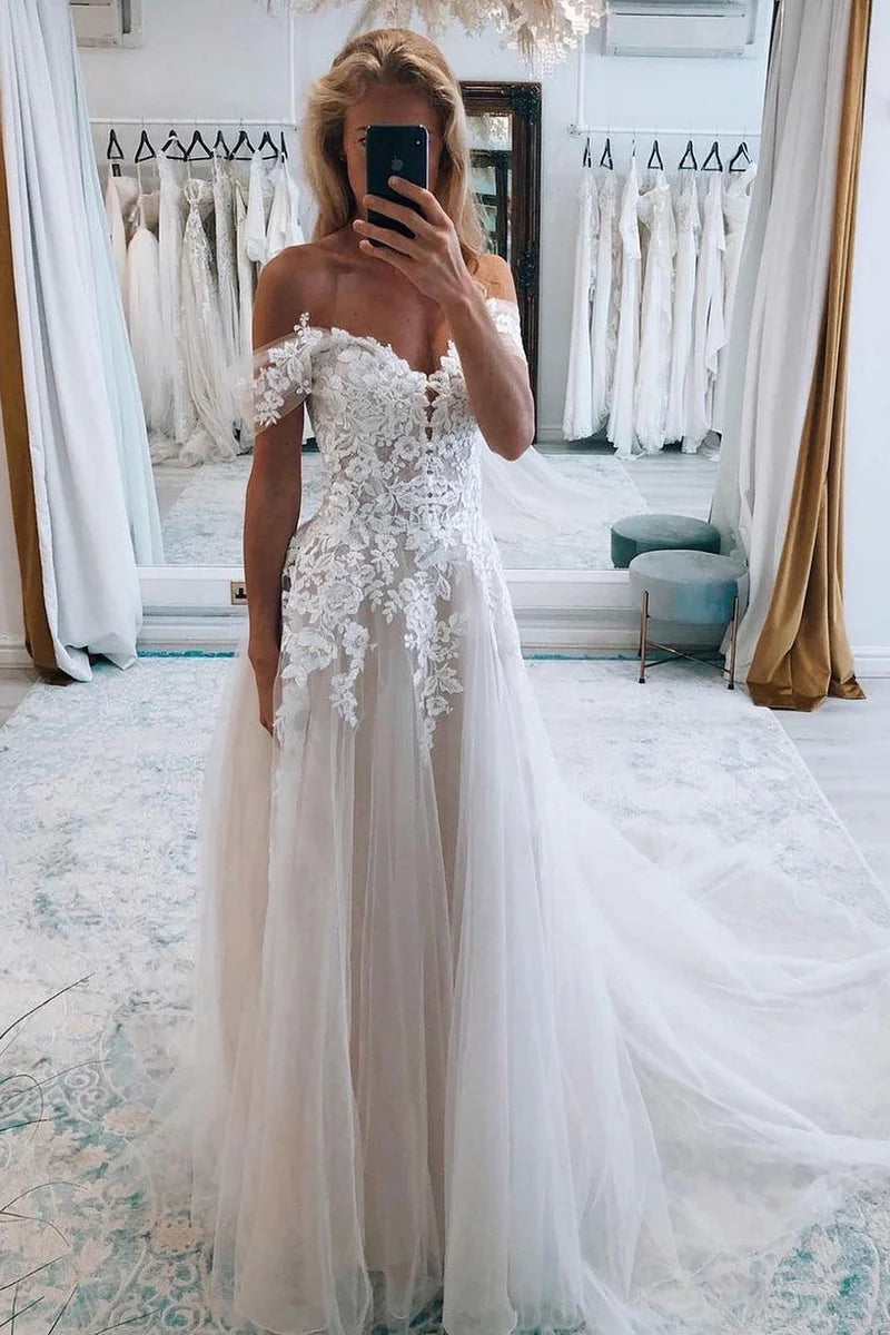 Bohemian A Line Off the Shoulder Tulle Wedding Dresses Gown HS925