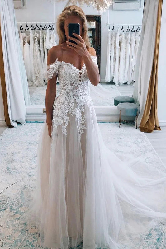 Bohemian A Line Off the Shoulder Tulle Wedding Dresses Gown HS925