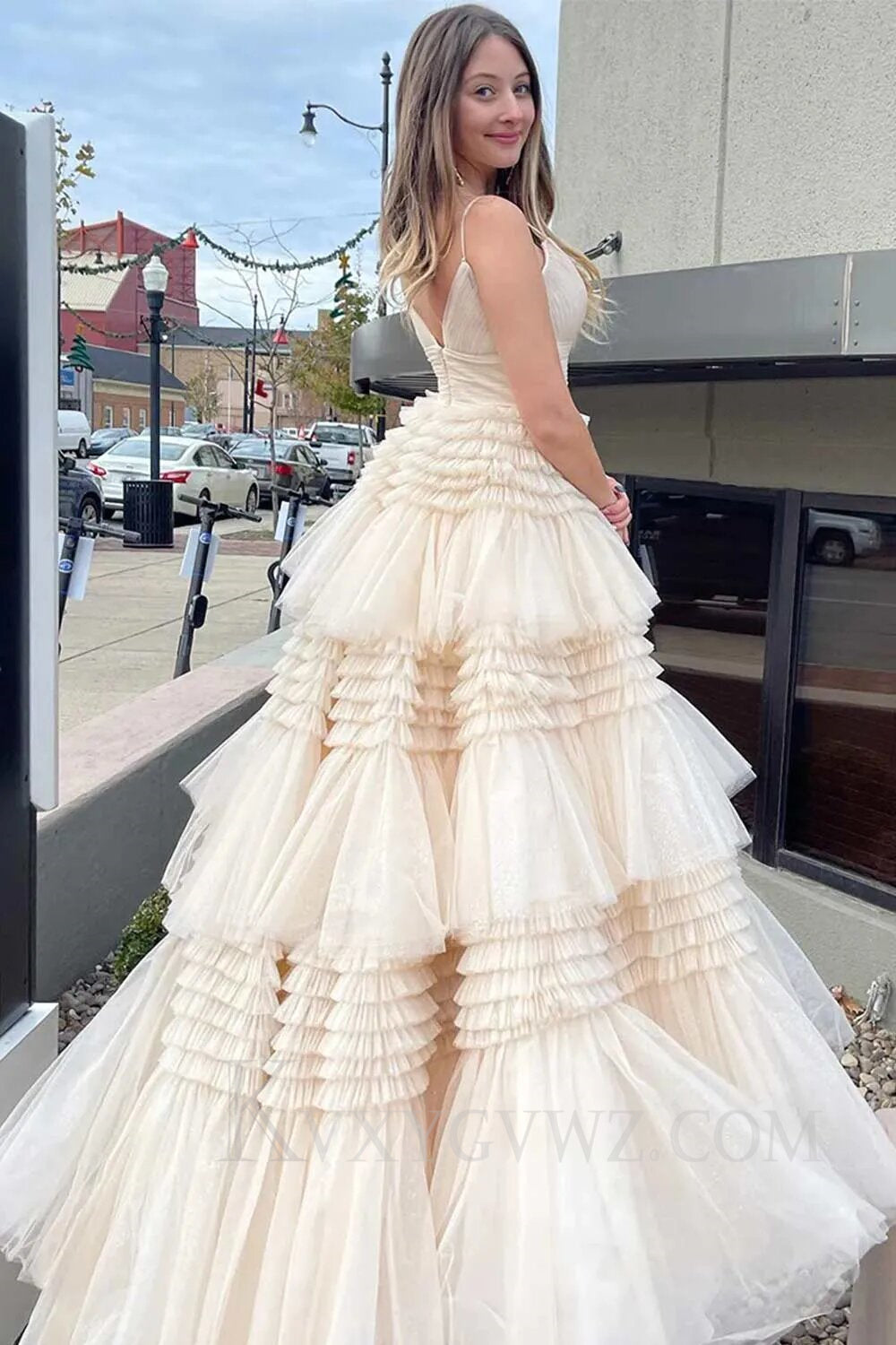 Beige Tulle Tiered Spaghetti Straps Long Prom Dress with Slit LF007
