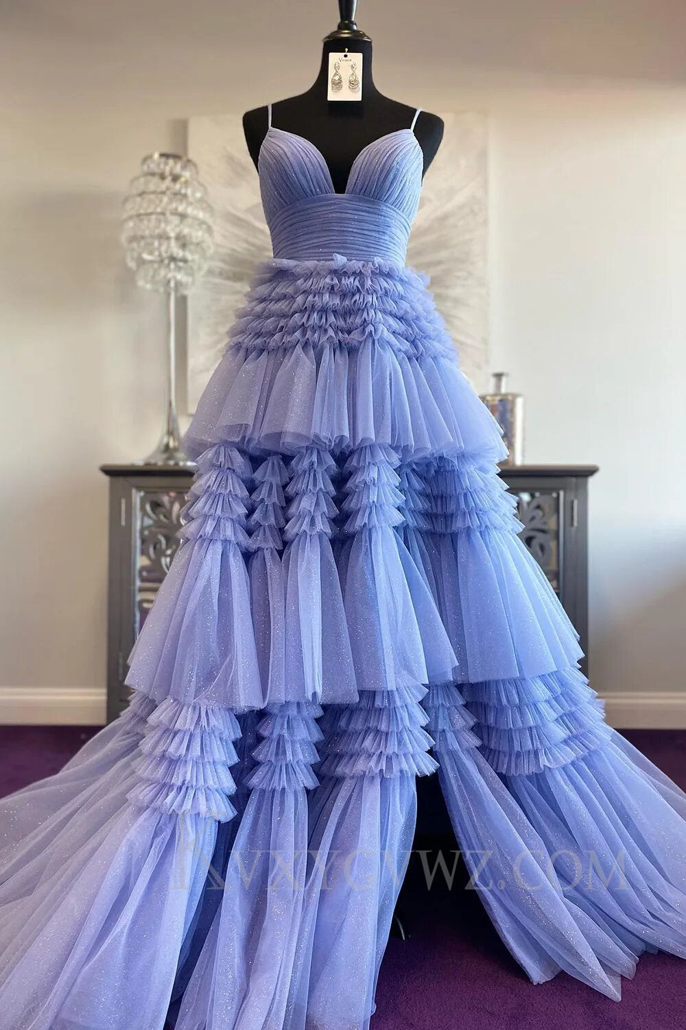 Beige Tulle Tiered Spaghetti Straps Long Prom Dress with Slit LF007