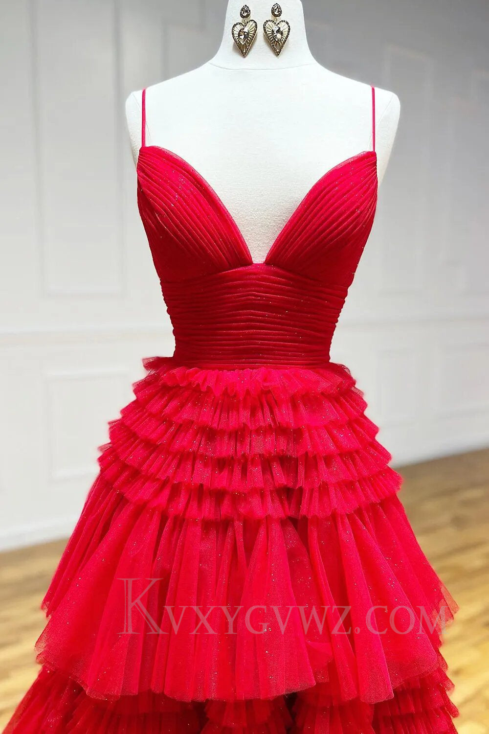 Beige Tulle Tiered Spaghetti Straps Long Prom Dress with Slit LF007