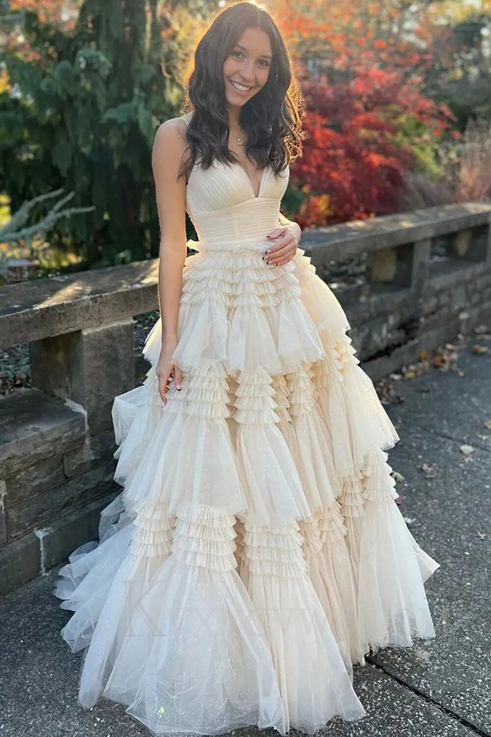 Beige Tulle Tiered Spaghetti Straps Long Prom Dress with Slit LF007