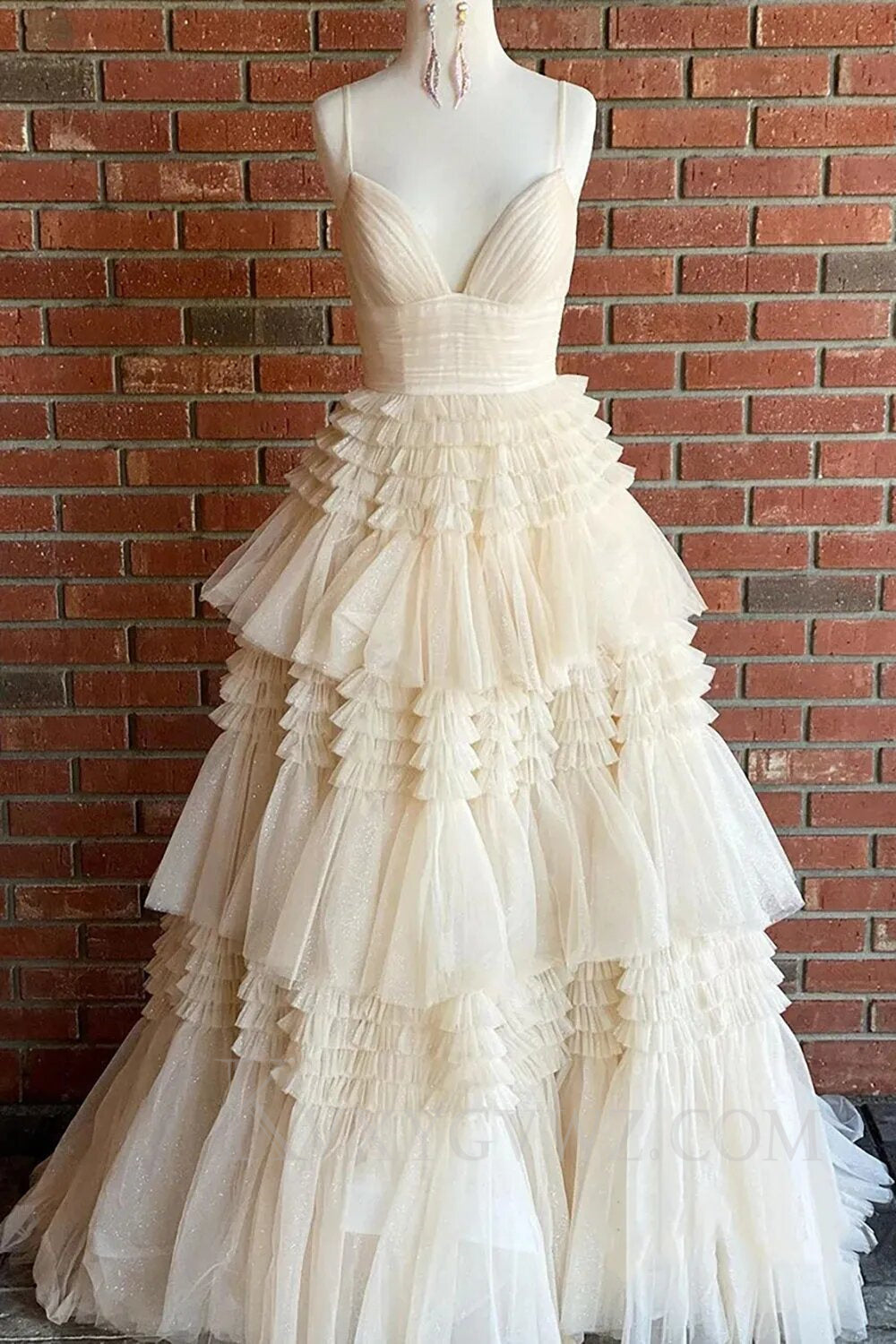 Beige Tulle Tiered Spaghetti Straps Long Prom Dress with Slit LF007