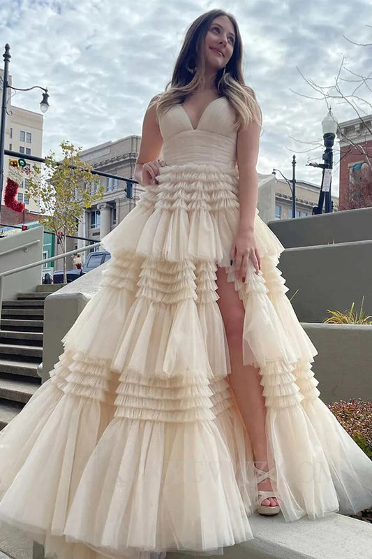 Beige Tulle Tiered Spaghetti Straps Long Prom Dress with Slit LF007