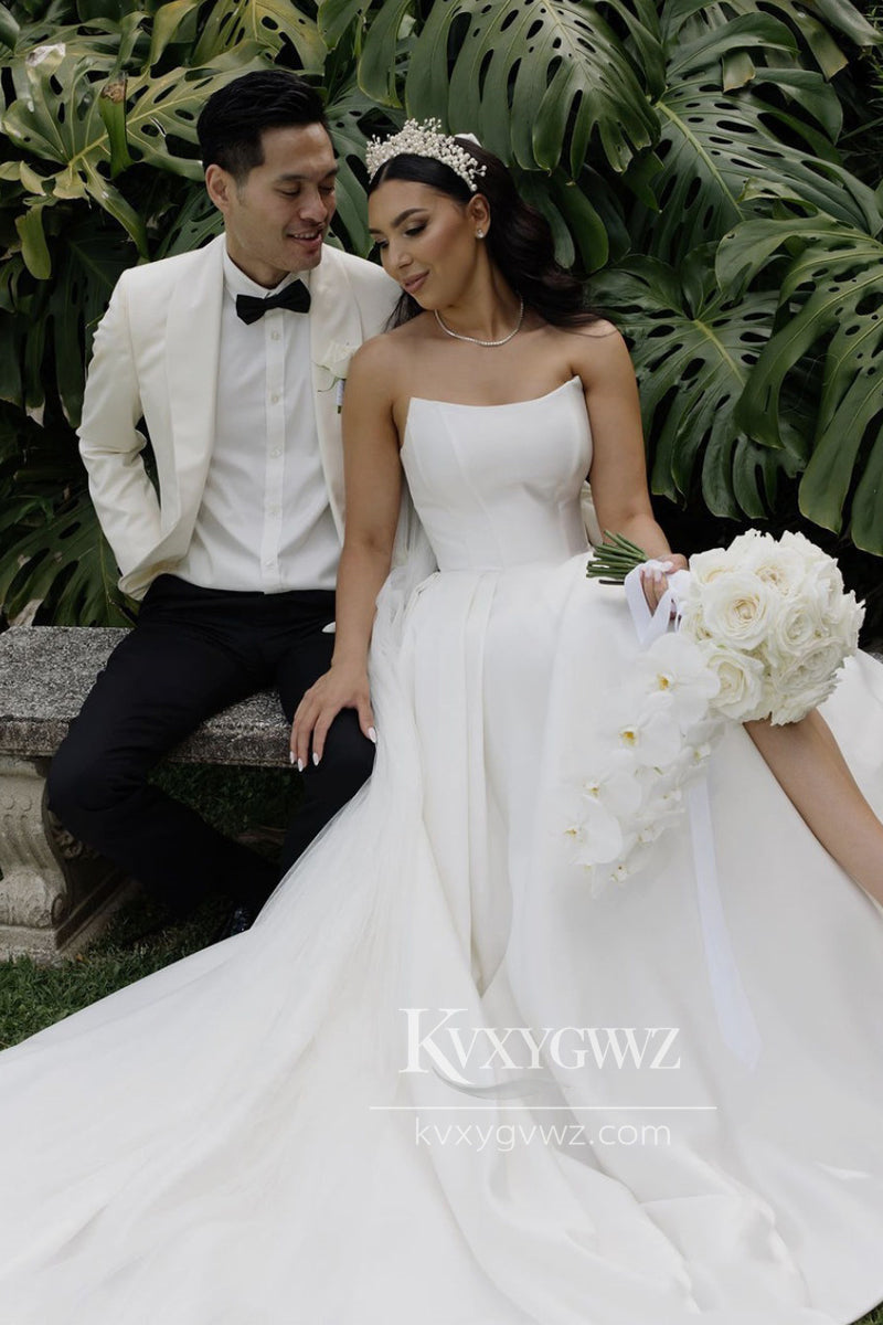 Graceful A-Line Strapless Satin Sweep Train Wedding Dresses Gown with Slit HS700