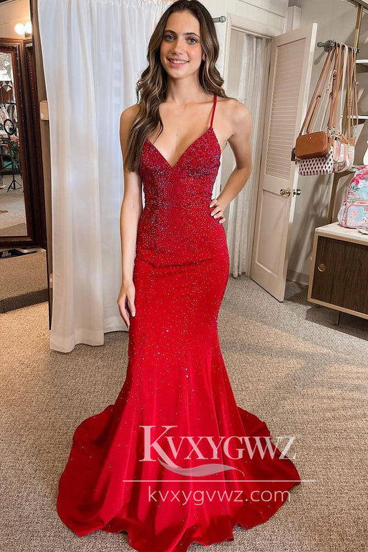 Charming Mermaid V Neck Red Satin Long Prom Dress Gown with Beading LF700