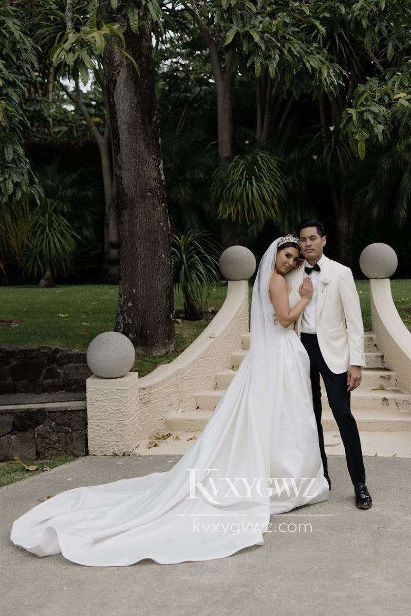 Graceful A-Line Strapless Satin Sweep Train Wedding Dresses Gown with Slit HS700