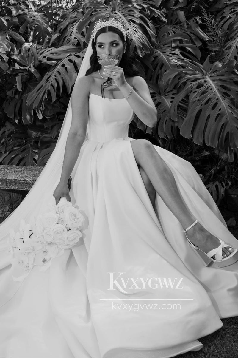 Graceful A-Line Strapless Satin Sweep Train Wedding Dresses Gown with Slit HS700
