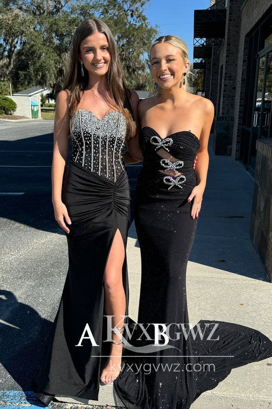 Charming Mermaid Evening Gown Sweetheart Black Beaded Slit Prom Dress LF701