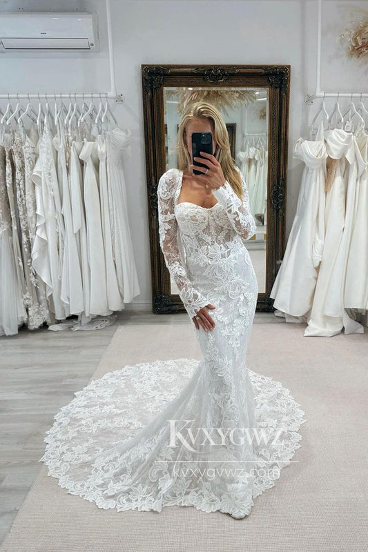 Graceful Mermaid Sweetheart Lace Wedding Dresses Gown with Appliques HS702