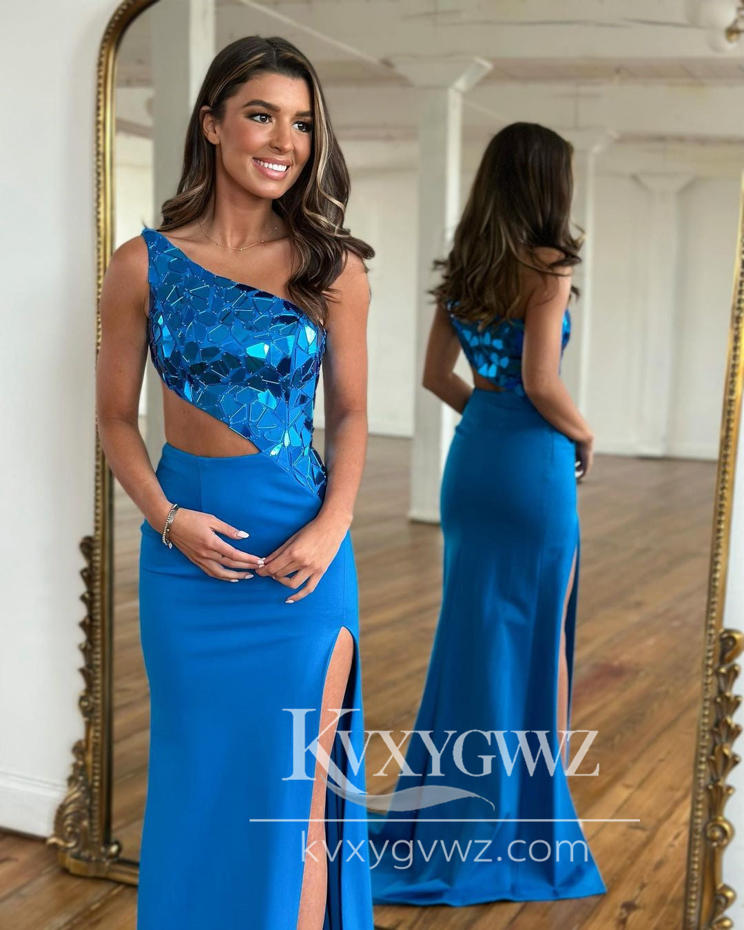 Stunning Mermaid Evening Gown One Shoulder Royal Blue Satin Long Prom Dress with Beading LF702