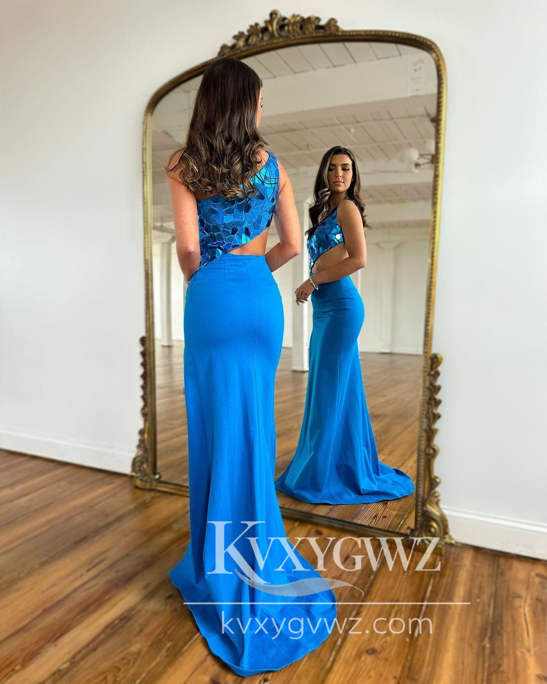 Stunning Mermaid Evening Gown One Shoulder Royal Blue Satin Long Prom Dress with Beading LF702
