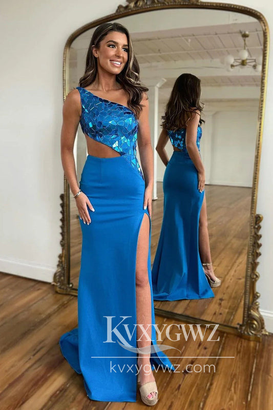 Stunning Mermaid Evening Gown One Shoulder Royal Blue Satin Long Prom Dress with Beading LF702