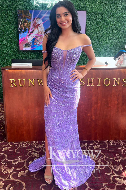 Charming Mermaid Evening Gown Scoop Neck Purple Lace Long Prom Dress with Beading LF703