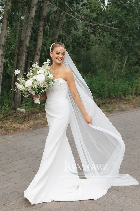 Graceful Mermaid Scoop Neck Soft Satin Long Wedding Dresses Gown With Sweep Train HS703
