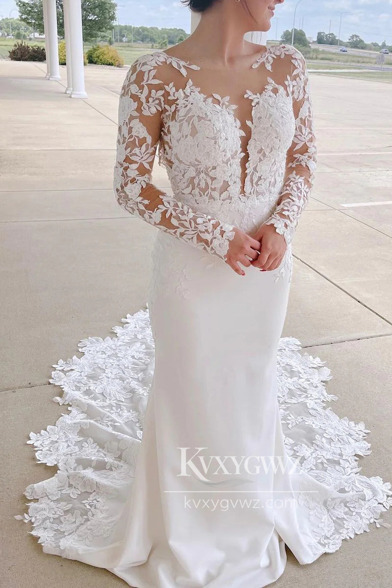 Graceful Mermaid Scoop Neck Elastic Satin Wedding Dresses Gown with Appliques HS704