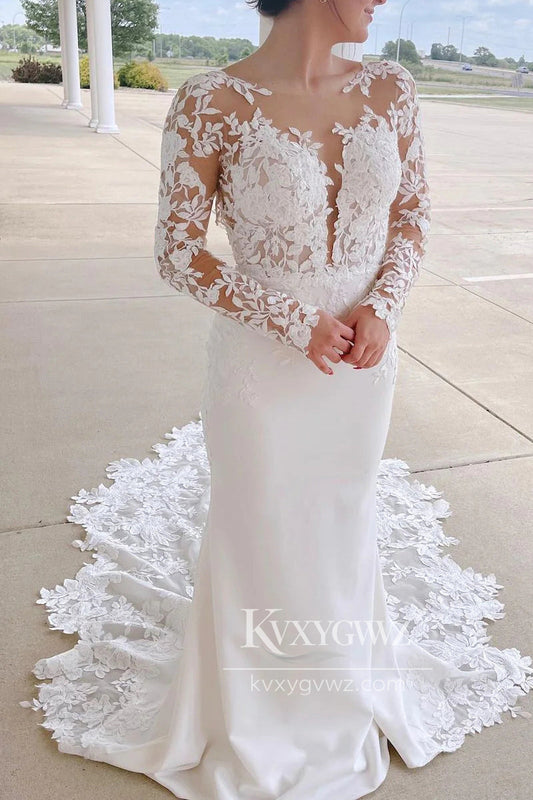 Graceful Mermaid Scoop Neck Elastic Satin Wedding Dresses Gown with Appliques HS704