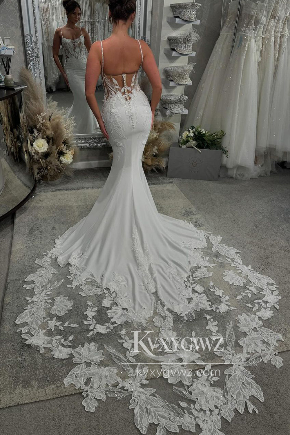 Graceful Mermaid V Neck Elastic Satin Long Wedding Dresses Gown with Appliques HS705