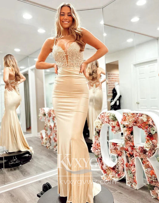 Chic Mermaid V Neck Champagne Evening Gown Satin Long Prom Dress with Appliques LF705